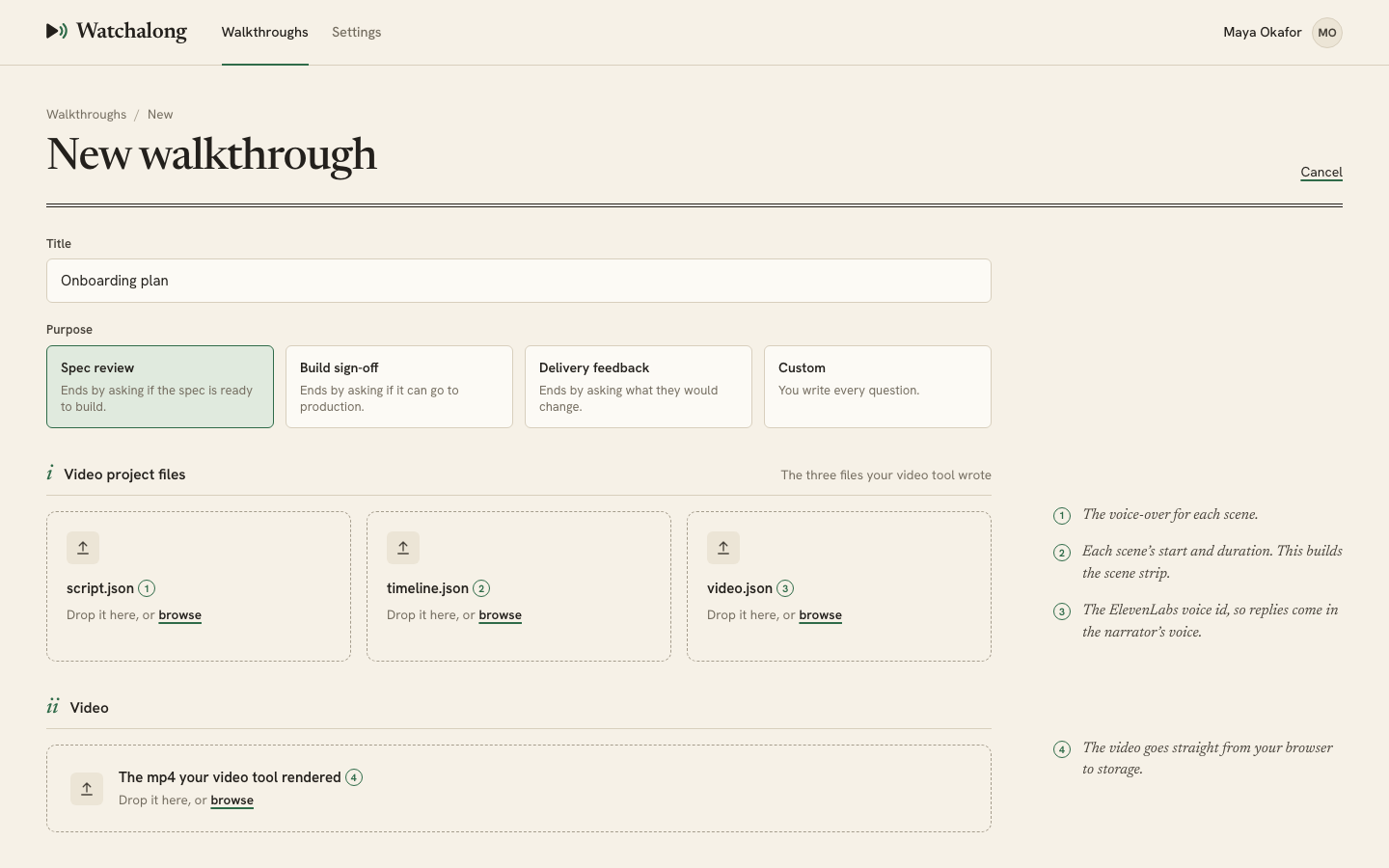 The New walkthrough page with the title filled in and Spec review chosen from the four purpose cards, above the upload boxes for script.json, timeline.json, video.json and the mp4.