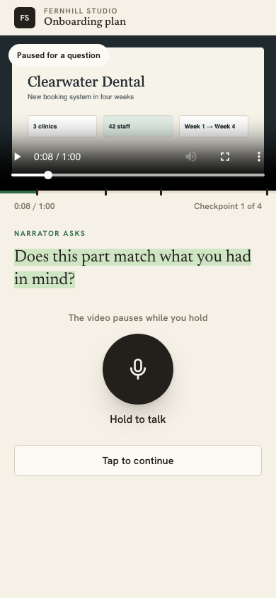 The player on a phone, paused at checkpoint 1 of 4: the narrator's question highlighted under the video, the Hold to talk button, and Tap to continue.