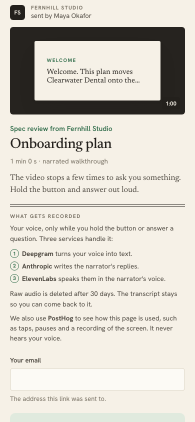 The first screen of an invite link on a phone: who sent it, the walkthrough title and length, what gets recorded and by which services, and the email field.