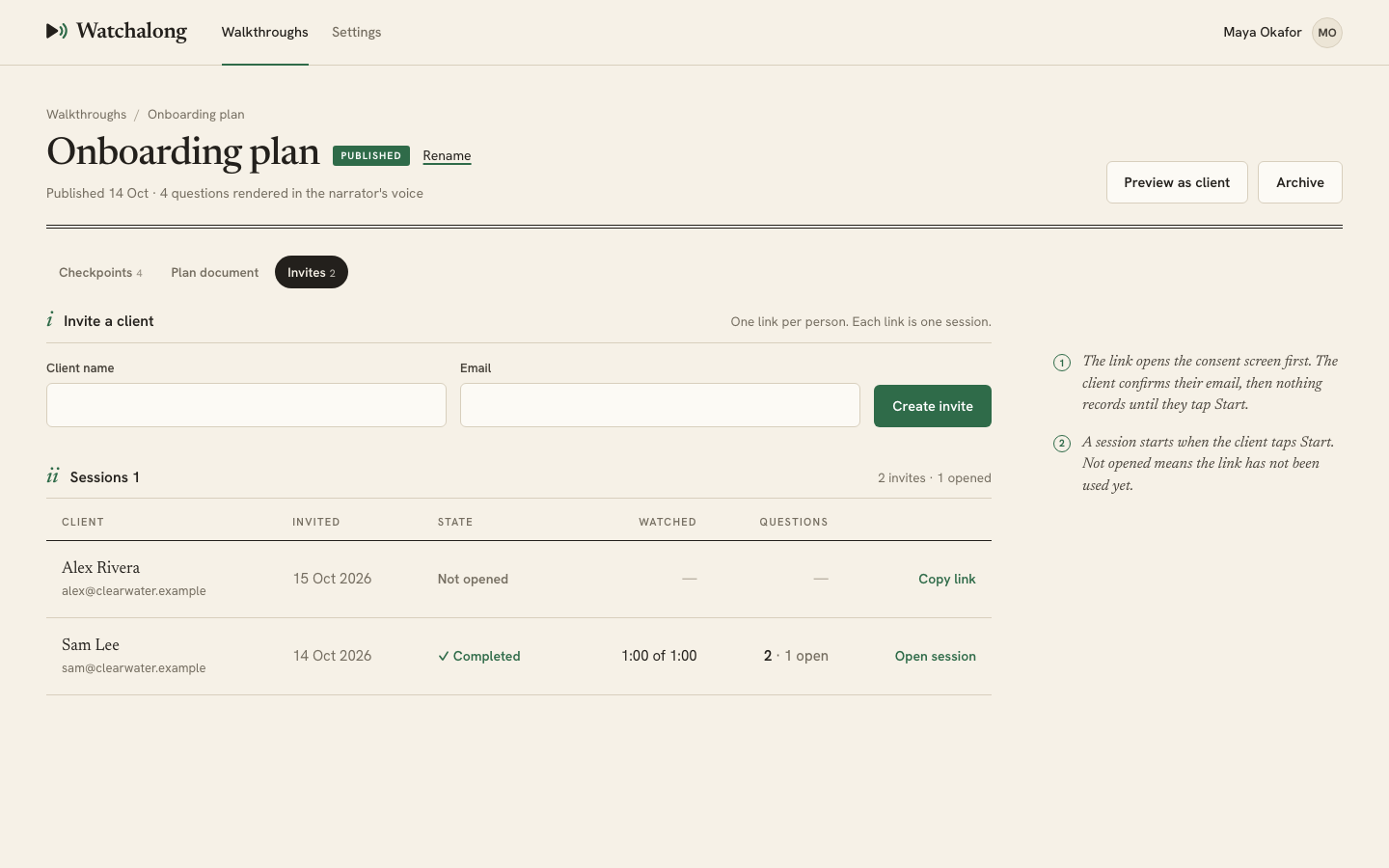 The Invites tab of a published walkthrough: the Client name and Email fields with Create invite, and a sessions table where Alex Rivera has not opened the link and Sam Lee has completed it with one open question.