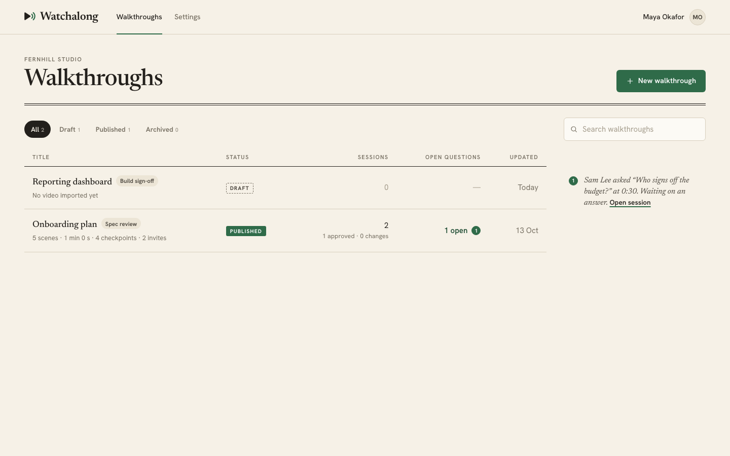 The Walkthroughs list for Fernhill Studio: a draft called Reporting dashboard and a published Onboarding plan with two sessions and one open question, plus a margin note linking to the open question.